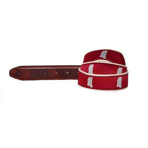 MS Starkville Leather Tab Belt in Red Ribbon with White Canvas Backing by State Traditions - Country Club Prep