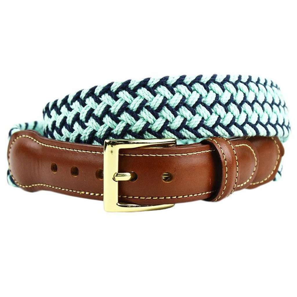 Navy and Mint Woven Cotton Leather Tab Belt by Country Club Prep - Country Club Prep