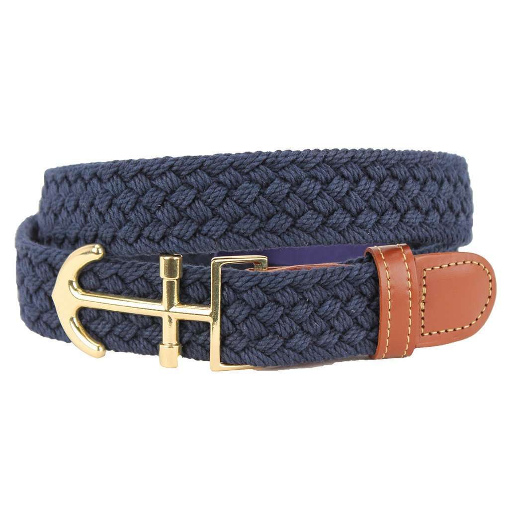 Navy Macreme Leather Tab Belt with Brass Anchor Buckle by Country Club Prep - Country Club Prep