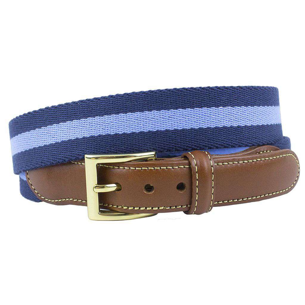 Navy Surcingle Leather Tab Belt with Light Blue Stripe by Country Club Prep - Country Club Prep