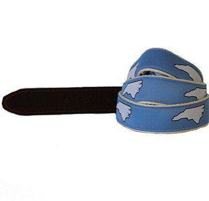 NC Chapel Hill Leather Tab Belt in Carolina Blue Ribbon w/ White Canvas Backing by State Traditions - Country Club Prep