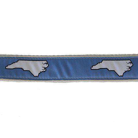 NC Chapel Hill Leather Tab Belt in Carolina Blue Ribbon w/ White Canvas Backing by State Traditions - Country Club Prep