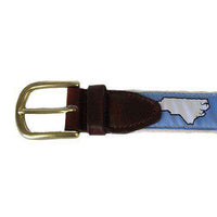 NC Chapel Hill Leather Tab Belt in Carolina Blue Ribbon w/ White Canvas Backing by State Traditions - Country Club Prep