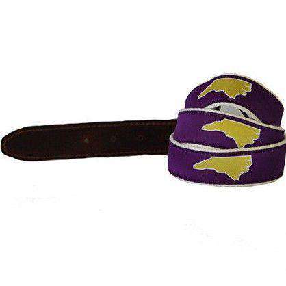 NC Greenville Leather Tab Belt in Purple Ribbon with White Canvas Backing by State Traditions - Country Club Prep