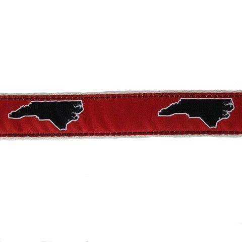 NC Raleigh Leather Tab Belt in Red Ribbon with White Canvas Backing by State Traditions - Country Club Prep