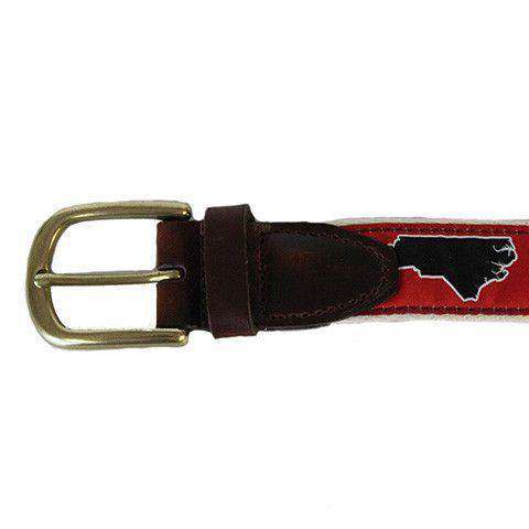 NC Raleigh Leather Tab Belt in Red Ribbon with White Canvas Backing by State Traditions - Country Club Prep