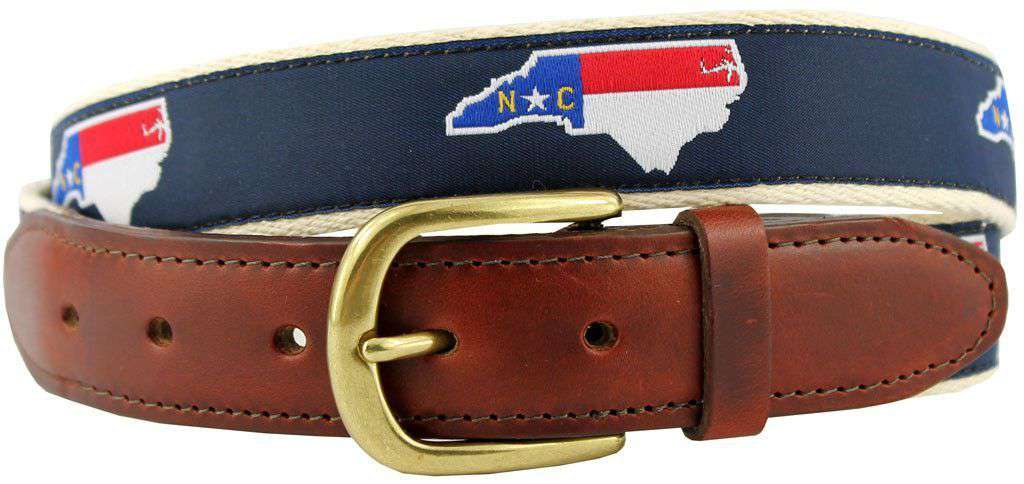 NC Traditional Leather Tab Belt in Navy Ribbon with White Canvas Backing by State Traditions - Country Club Prep