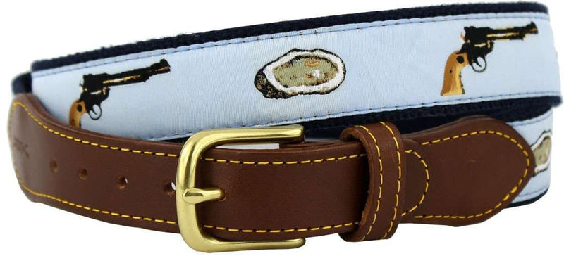 Oyster Shooter Leather Tab Belt in Light Blue Ribbon with Navy Canvas Backing by Knot Belt Co. - Country Club Prep