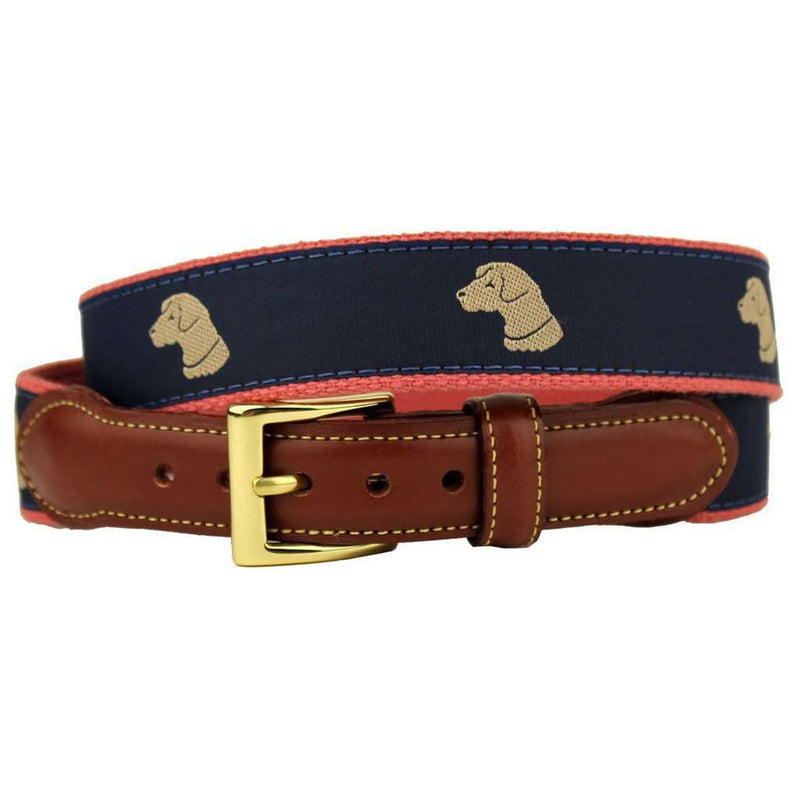 Pant's Best Friend Yellow Lab Leather Tab Belt in Navy by Country Club Prep - Country Club Prep