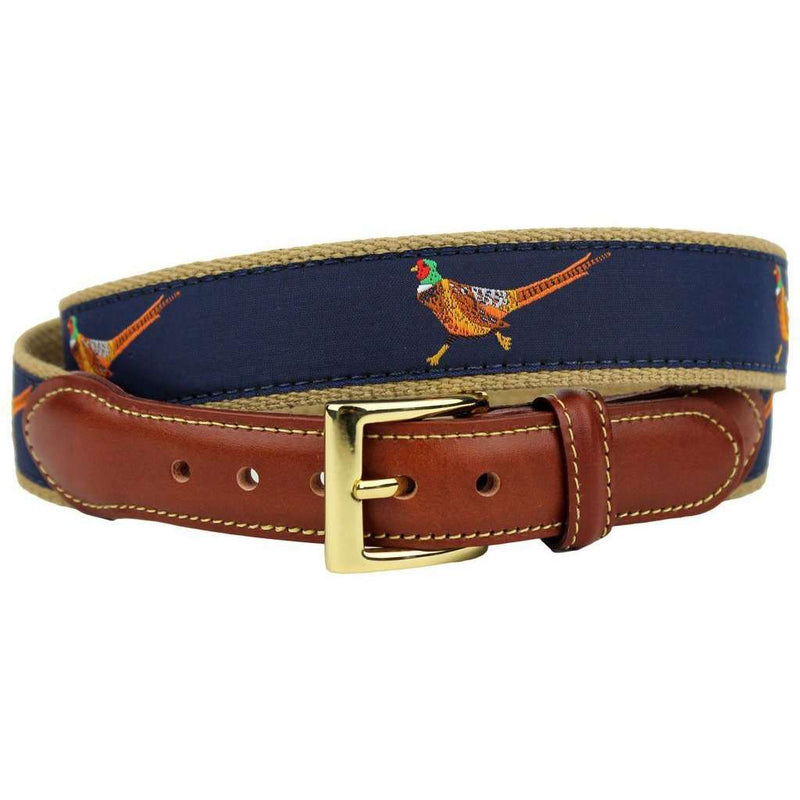 Pheasant Leather Tab Belt in Navy on Khaki Canvas by Country Club Prep - Country Club Prep