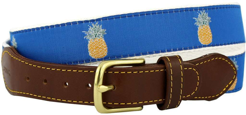 Pineapple Leather Tab Belt in Blue Ribbon with White Canvas Backing by Knot Belt Co. - Country Club Prep
