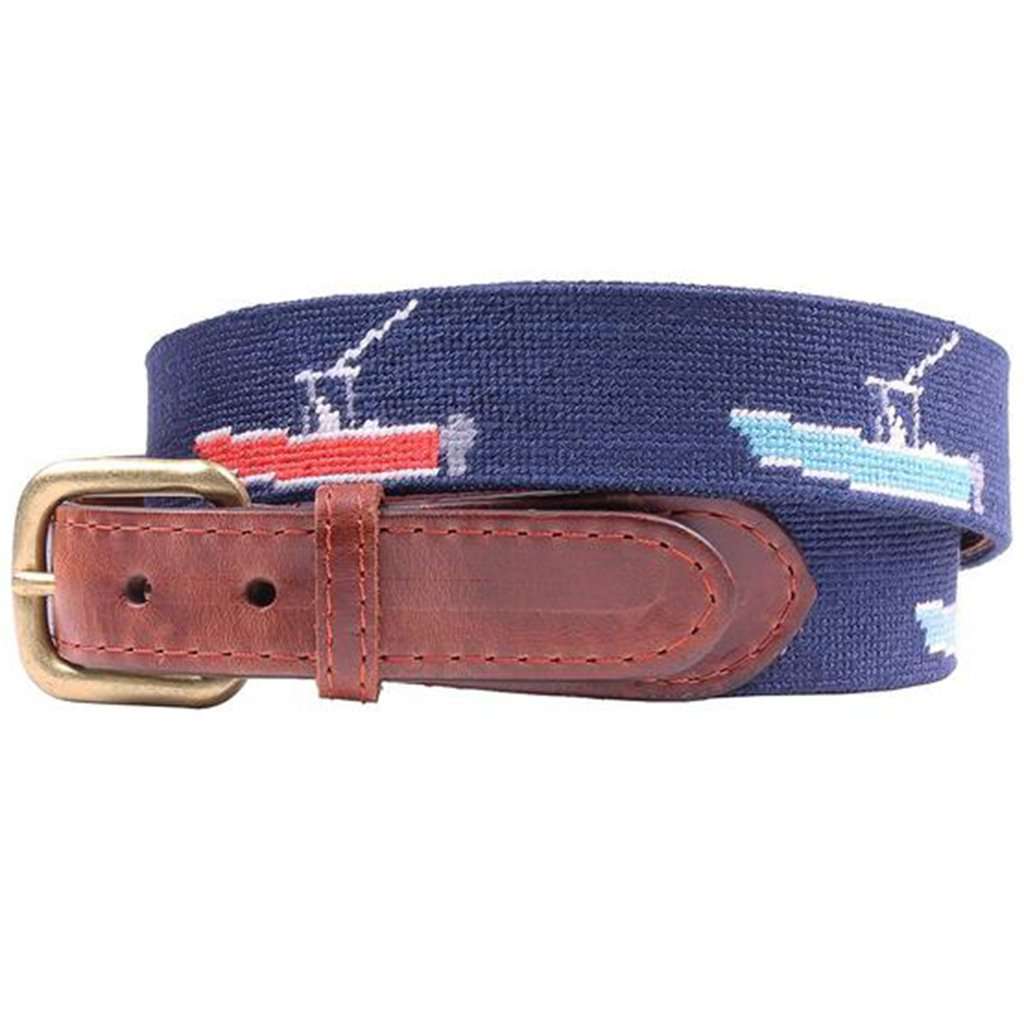 Power Boats Needlepoint Belt in Dark Navy by Smathers & Branson - Country Club Prep