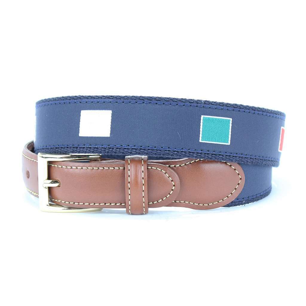 Racing Flags Leather Tab Belt in Navy by Country Club Prep - Country Club Prep