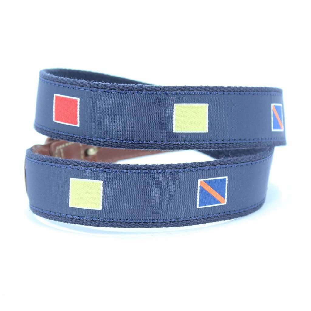 Racing Flags Leather Tab Belt in Navy by Country Club Prep - Country Club Prep