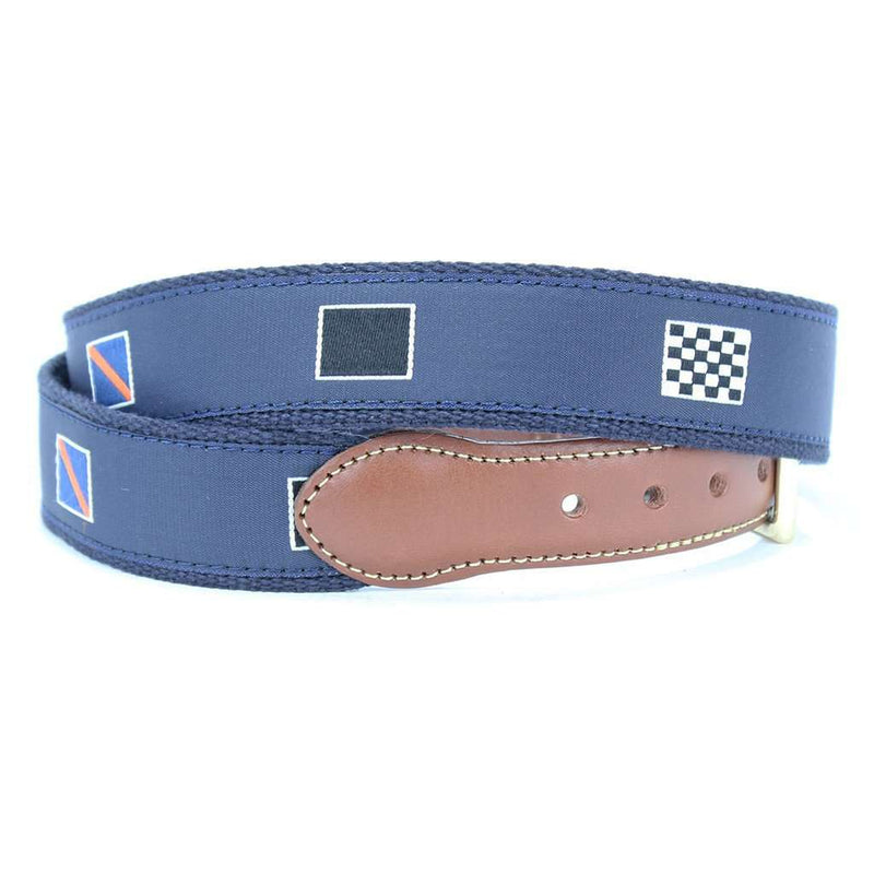 Racing Flags Leather Tab Belt in Navy by Country Club Prep - Country Club Prep