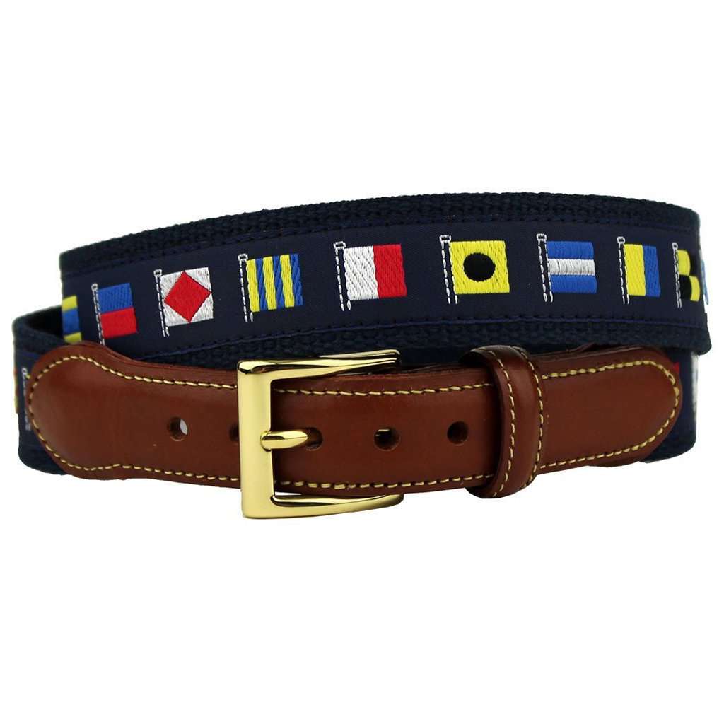 Country Club Prep Release the Kraken Nautical Flag Leather Tab Belt in Navy