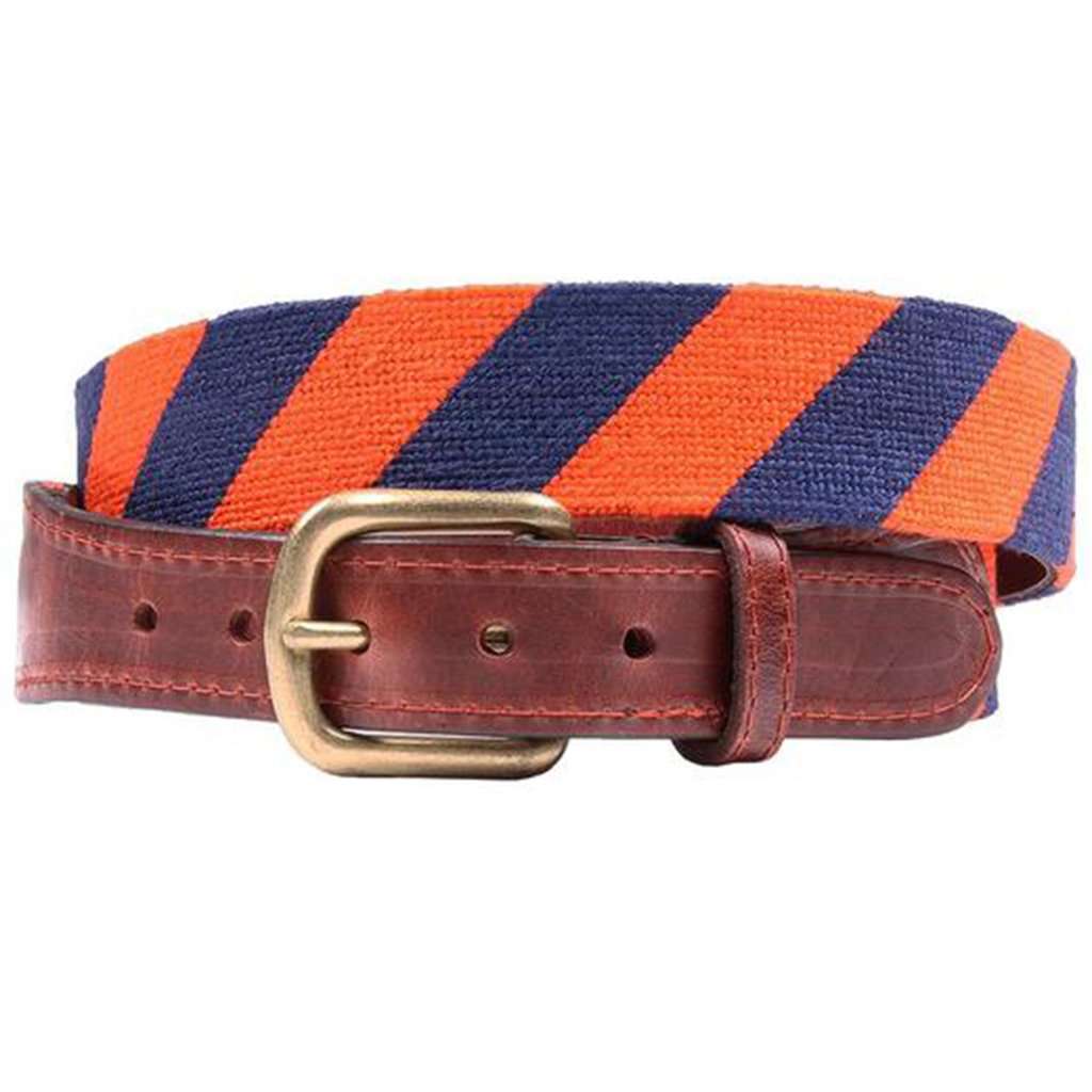 Repp Stripe Needlepoint Belt in Orange and Dark Navy by Smathers & Branson - Country Club Prep