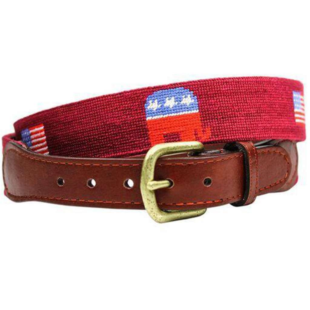 Republican Elephant and American Flag Needlepoint Belt in Garnet by Smathers & Branson - Country Club Prep