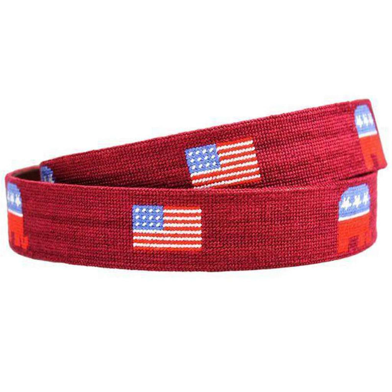 Republican Elephant and American Flag Needlepoint Belt in Garnet by Smathers & Branson - Country Club Prep