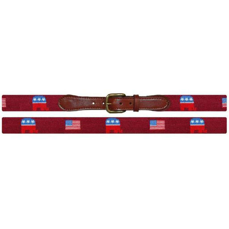 Republican Elephant and American Flag Needlepoint Belt in Garnet by Smathers & Branson - Country Club Prep