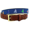 Sailor's Delight Cat Boat Leather Tab Belt in Blue on Natural Canvas by Country Club Prep - Country Club Prep