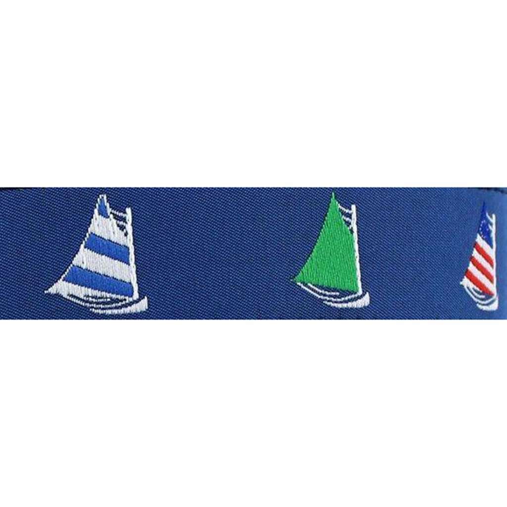 Sailor's Delight Cat Boat Leather Tab Belt in Blue on Natural Canvas by Country Club Prep - Country Club Prep