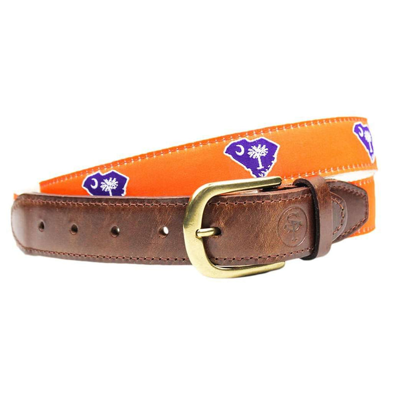 SC Clemson Gameday Leather Tab Belt in Orange Ribbon with White Canvas Backing by State Traditions - Country Club Prep
