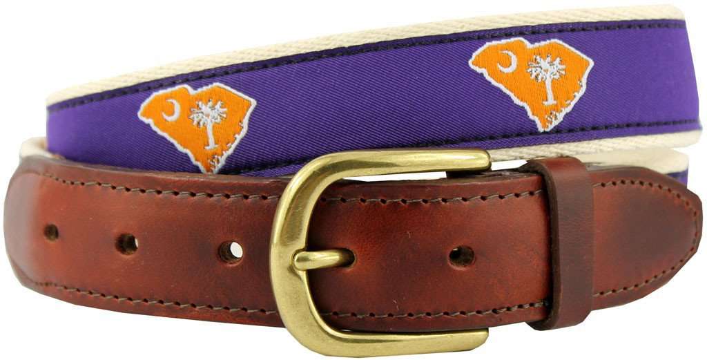 SC Clemson Gameday Leather Tab Belt in Purple Ribbon with White Canvas Backing by State Traditions - Country Club Prep