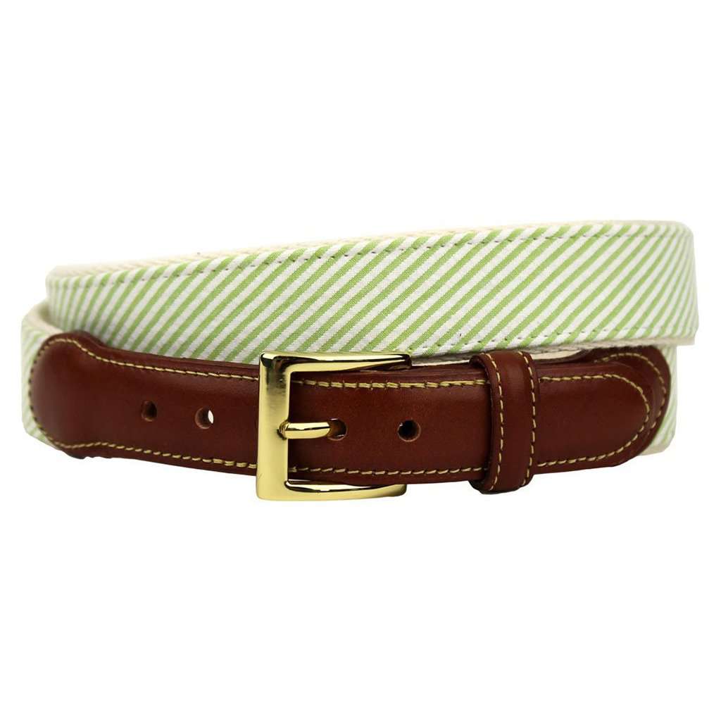 Seersucker Leather Tab Belt in Green by Country Club Prep - Country Club Prep