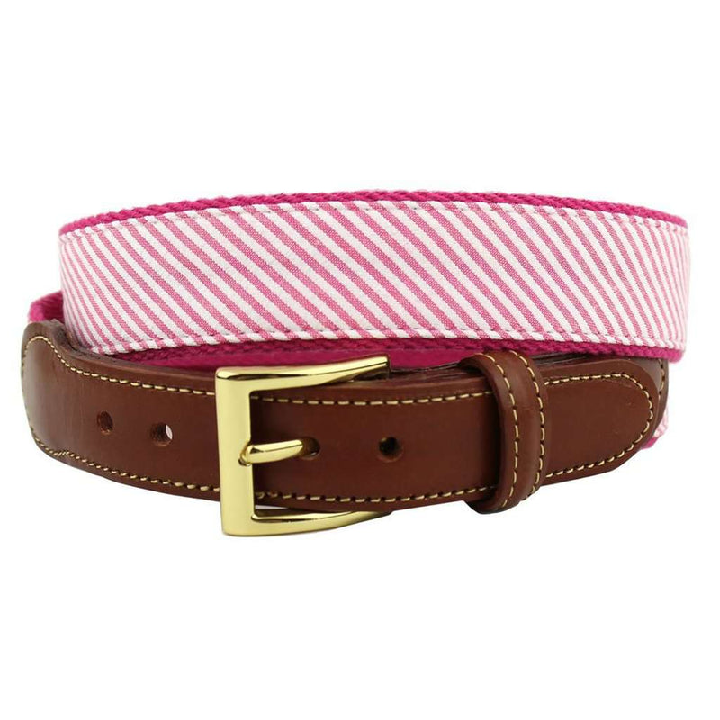 Seersucker Leather Tab Belt in Hot Pink by Country Club Prep - Country Club Prep