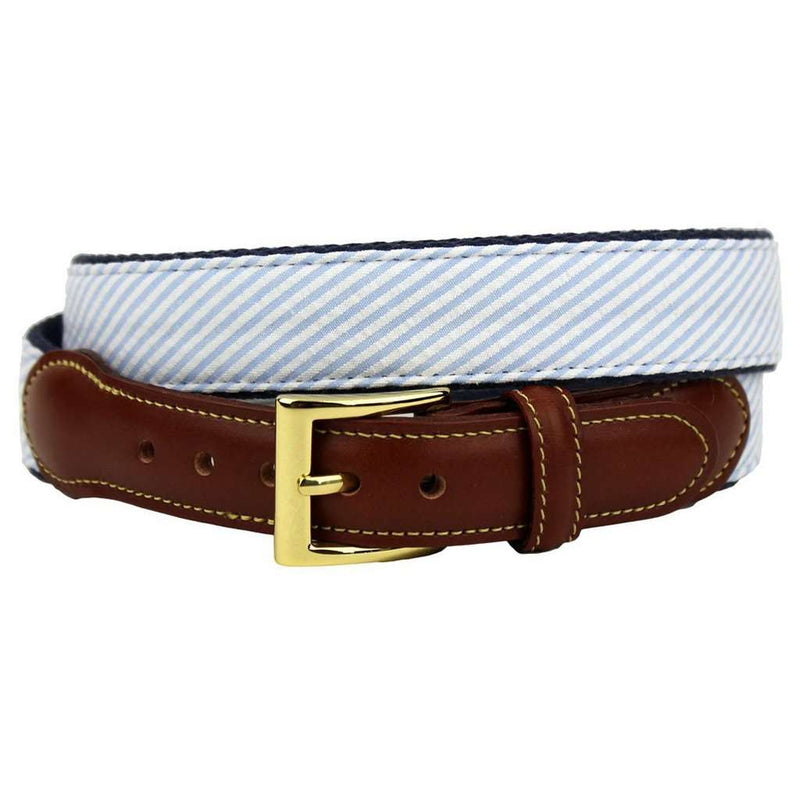 Seersucker Leather Tab Belt in Light Blue by Country Club Prep - Country Club Prep
