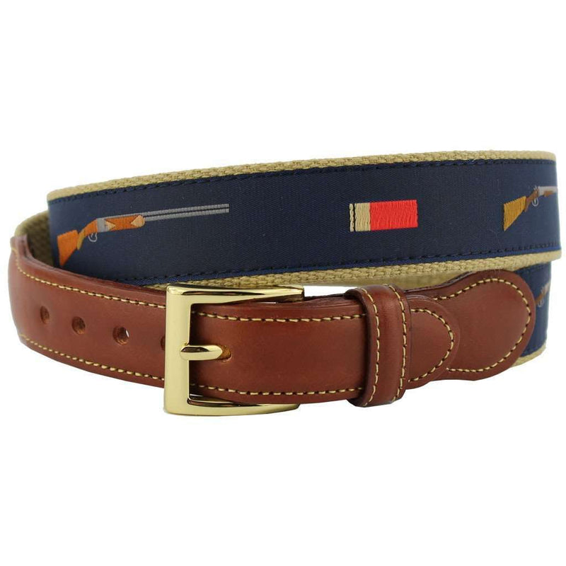 Shotgun and Shells Leather Tab Belt in Navy on Khaki Canvas by Country Club Prep - Country Club Prep