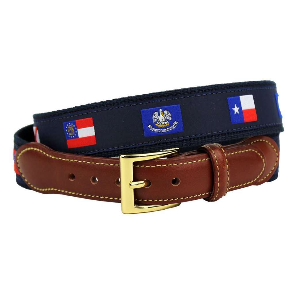 Southern States' Flags Leather Tab Belt in Navy on Navy Canvas by Country Club Prep - Country Club Prep