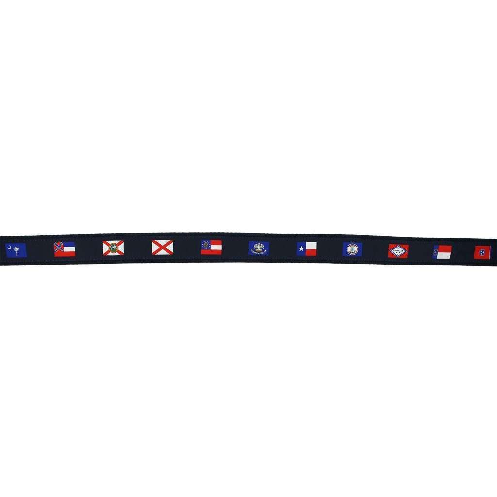 Southern States' Flags Leather Tab Belt in Navy on Navy Canvas by Country Club Prep - Country Club Prep