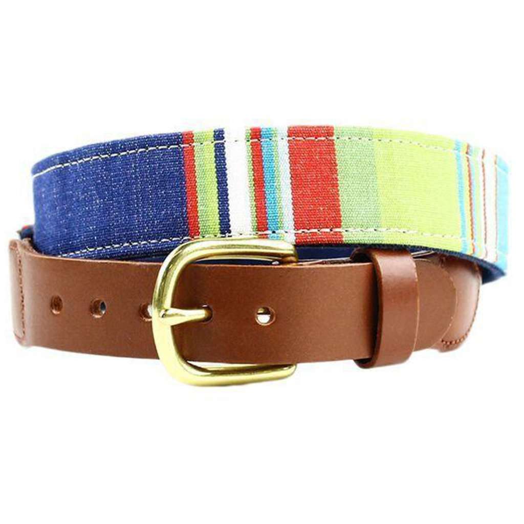 Squadren Stripe Leather Tab Belt in Waterpolo by Country Club Prep - Country Club Prep