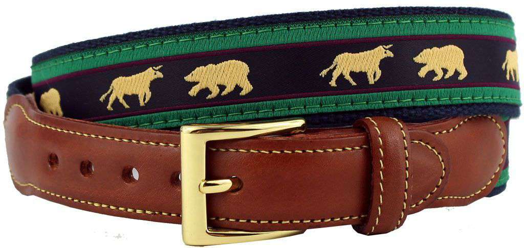 Stock Market Bull and Bear Leather Tab Belt in Hunter Green and Navy on Navy Canvas by Country Club Prep - Country Club Prep