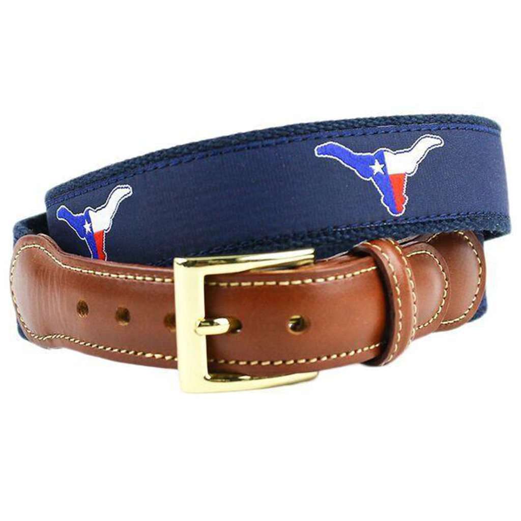 Texas Longhorn Flag Leather Tab Belt in Navy on Navy Canvas by Country Club Prep - Country Club Prep