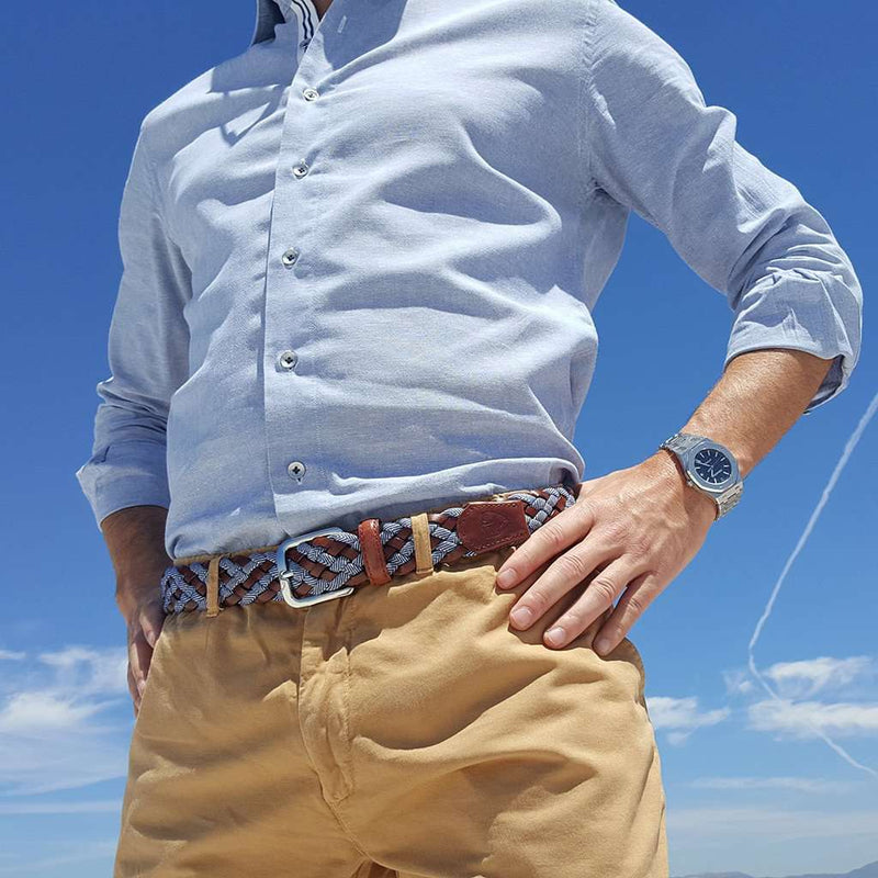 The Tweed Woven Leather Belt in Blue by Bucks Club - Country Club Prep