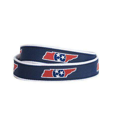 TN Traditional Leather Tab Belt in Navy Ribbon with White Canvas Backing by State Traditions - Country Club Prep