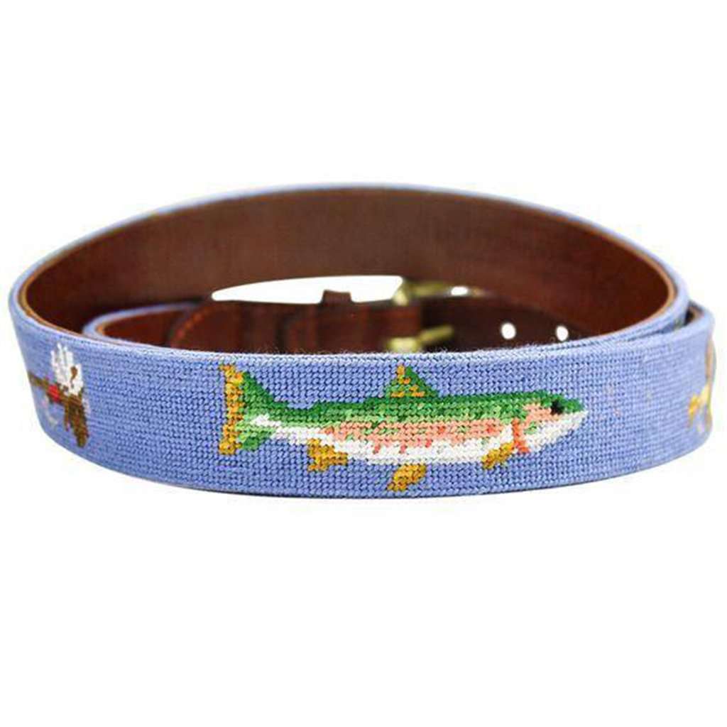 Trout and Fly Needlepoint Belt in Stream Blue by Smathers & Branson - Country Club Prep
