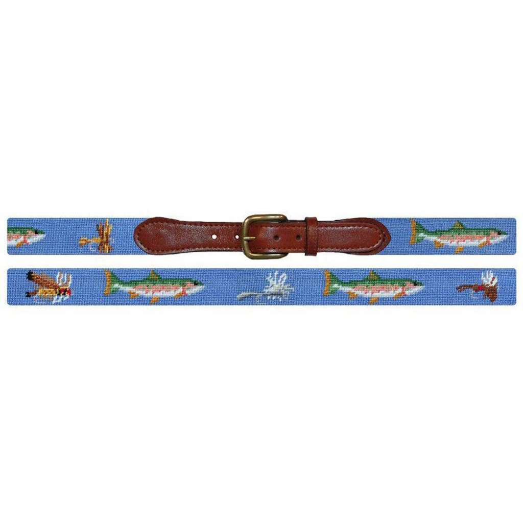 Trout and Fly Needlepoint Belt in Stream Blue by Smathers & Branson - Country Club Prep