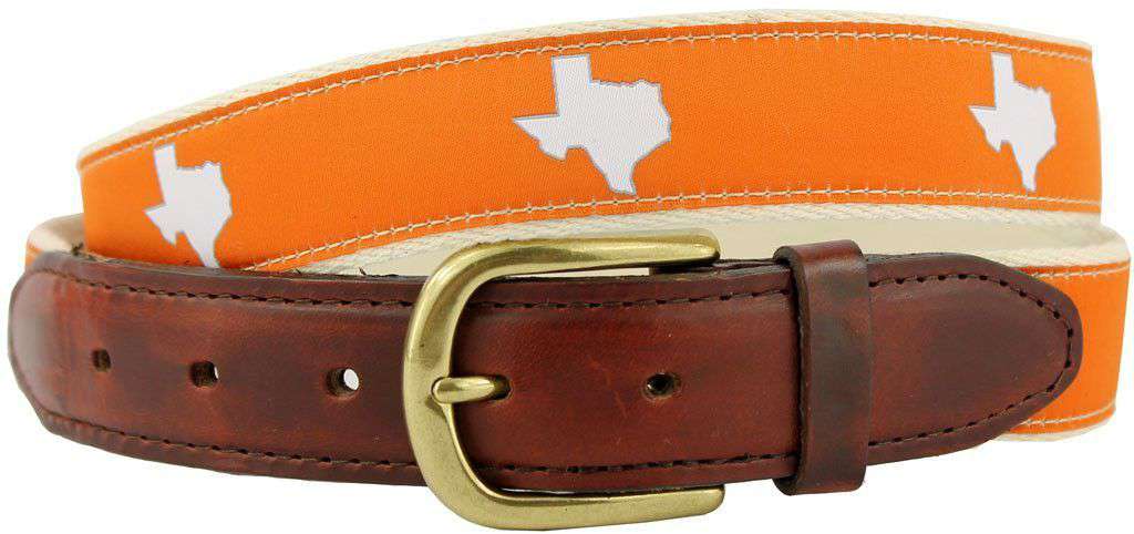 TX Austin Gameday Leather Tab Belt in Burnt Orange Ribbon w/ White Canvas Back by State Traditions - Country Club Prep