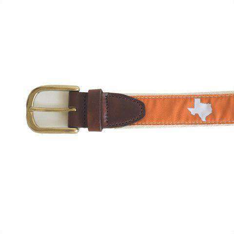 TX Austin Gameday Leather Tab Belt in Burnt Orange Ribbon w/ White Canvas Back by State Traditions - Country Club Prep