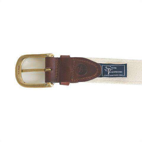 TX Austin Gameday Leather Tab Belt in Burnt Orange Ribbon w/ White Canvas Back by State Traditions - Country Club Prep