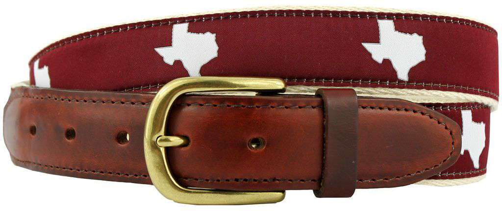 TX College Station Gameday Leather Tab Belt in Maroon Ribbon w/White Canvas Back by State Traditions - Country Club Prep