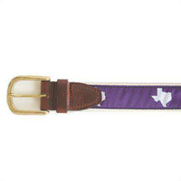 TX Fort Worth Gameday Leather Tab Belt in Purple Ribbon w/ White Canvas Backing by State Traditions - Country Club Prep