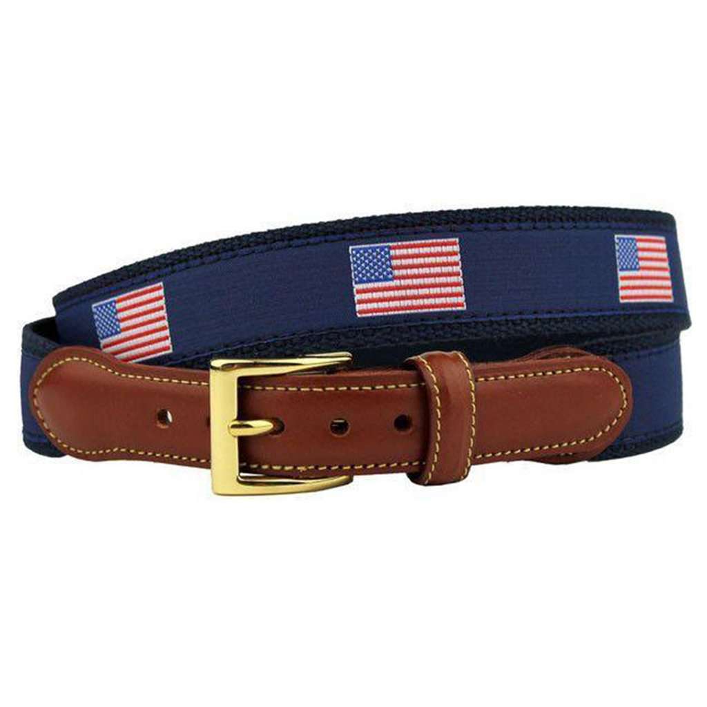 USA Loves Freedom, Hates Terror American Flag Leather Tab Belt in Navy by Country Club Prep - Country Club Prep