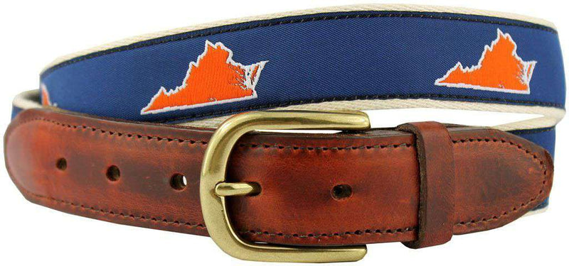 VA Charlottesville Gameday Leather Tab Belt in Blue Ribbon w/ White Canvas Back by State Traditions - Country Club Prep