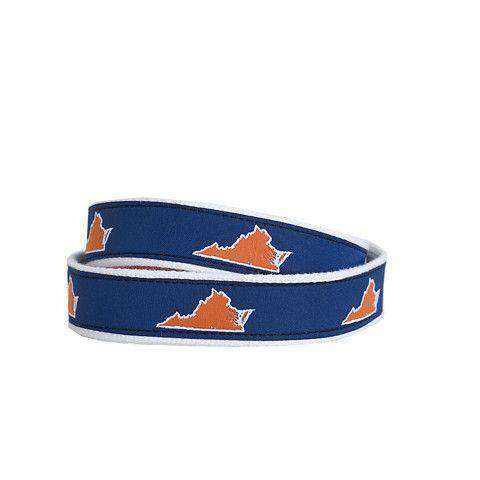 VA Charlottesville Gameday Leather Tab Belt in Blue Ribbon w/ White Canvas Back by State Traditions - Country Club Prep