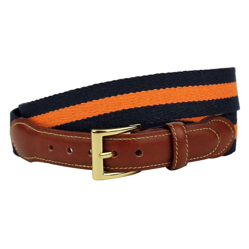 What is a Wahoo Leather Tab Surcingle Stripe Belt in Navy and Orange by Country Club Prep - Country Club Prep